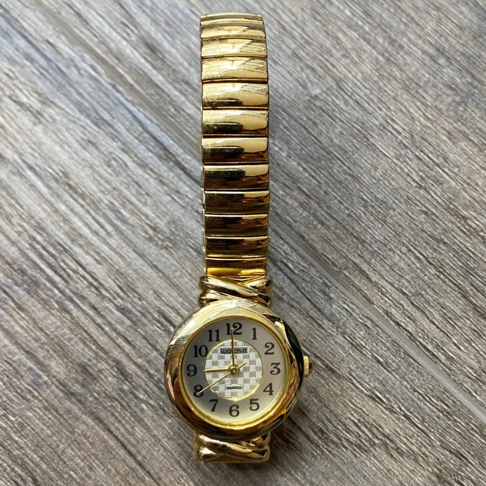 Watch-it Womens Gold Tone Quartz Watch Expansion Stretch Band Round Face